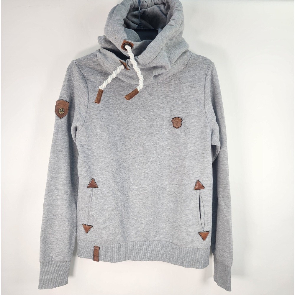 Naketano Gray Melange Sweatshirt Women's L Hoodie Cowl Neck Faux Leather Trim